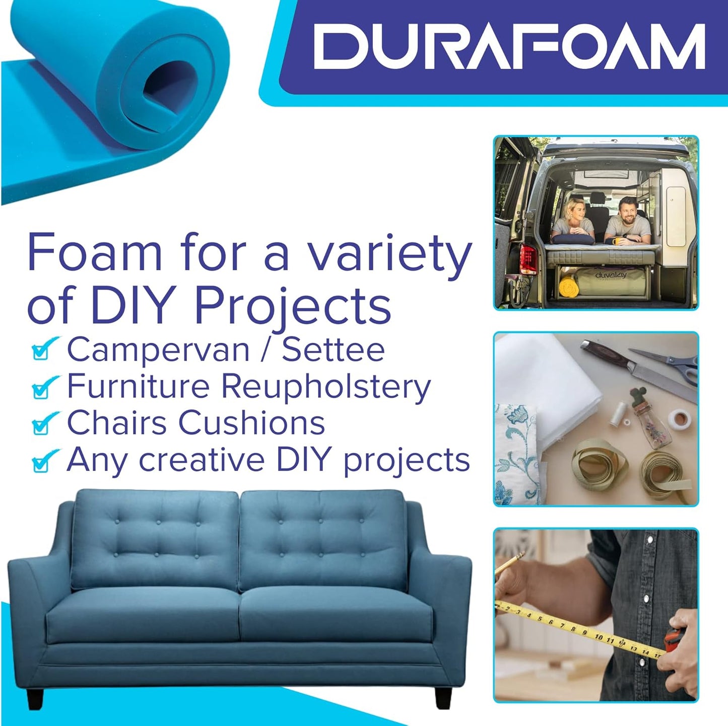 High Density Blue Firm Foam for Cushions, Sofas, Beds, Seats, Campervans, Indoor & Outdoor Padding, DIY - 80 x 30 x 1 Inches