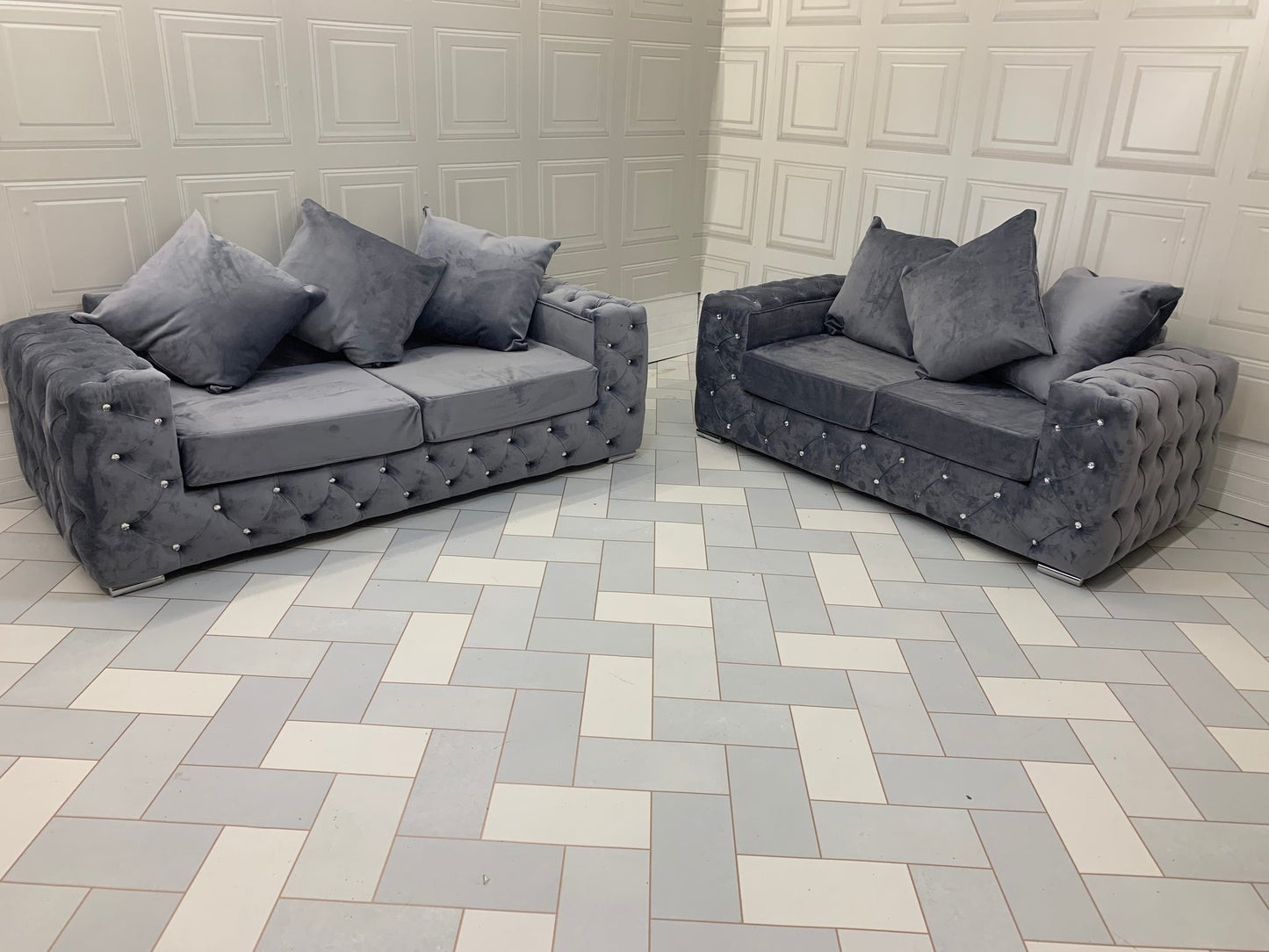 Ashton Chesterfield Sofa Grey Plush Velvet Fabric Luxury Style 3+2 SEATER FOR LIVING ROOM